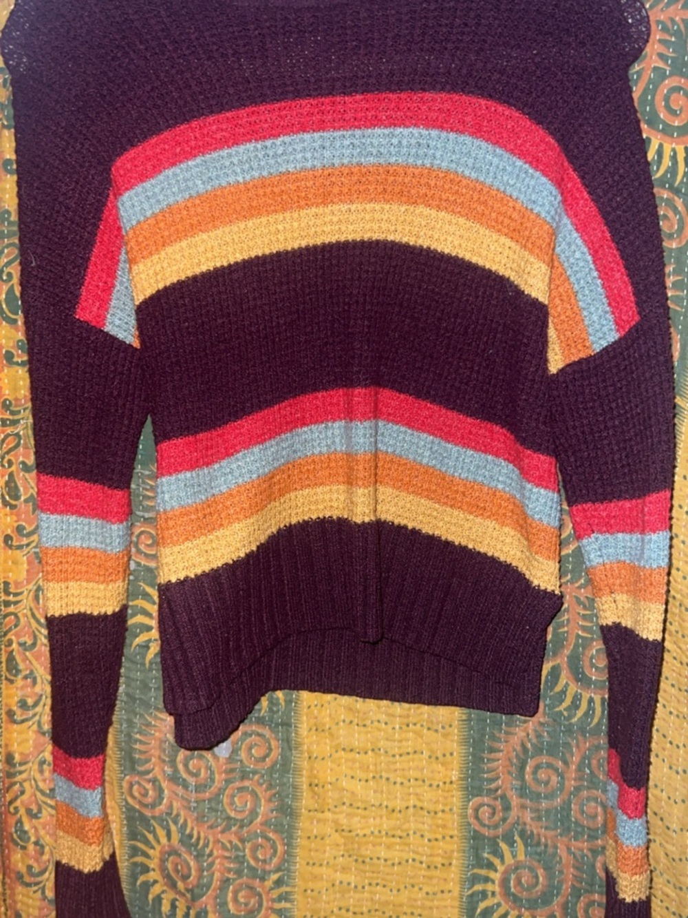 Striped Crewneck Sweater in Wine with Multicolor Stripes